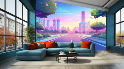 A city street with a road at dawn, a walkway and a building in pink sunlight. Cartoon illustration of urban infrastructure in a megalopolis. Wall mural