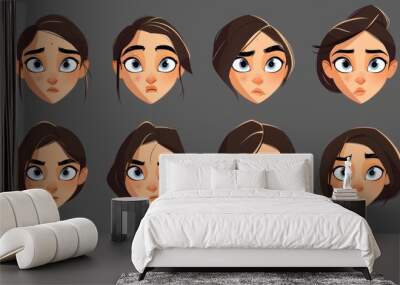 A collection of woman's face design tools including eyes, eyebrows, nose, lips, and haircuts for animation. A cartoon modern illustration set of girl character avatars. Wall mural