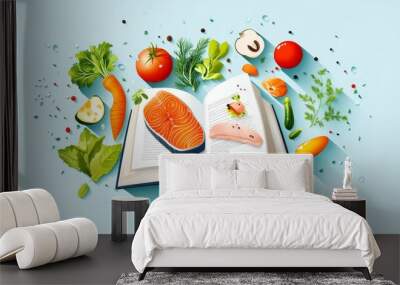 A colorful recipe book filled with fresh ingredients, herbs, and vibrant foods, inspiring healthy cooking. Wall mural