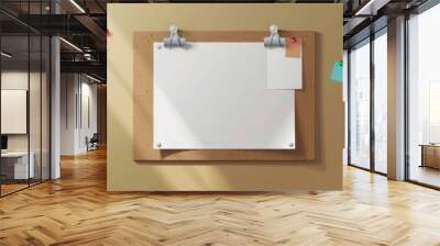 A cork board with white sheets of paper attached to it with pins and adhesive tape. A realistic modern brown office corkboard with notepad pages and stickers for memory keeping. A mockup of an Wall mural