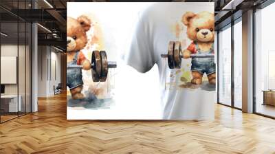 A cute teddy bear is holding a barbell. Illustration for postcards, prints, stickers for the fitness industry. Flat vector illustration Wall mural