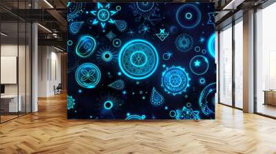 A dark pink and blue modern background featuring occult symbols. Wall mural