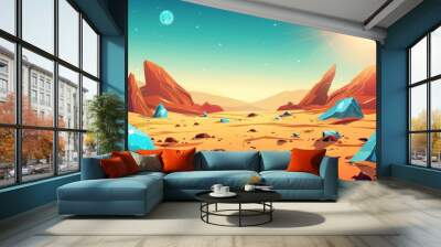 A desert planet in the cosmos. Ocher ground surface with rocks and crystals, two suns in the sky. Background for extraterrestrial computer games, cartoon modern illustration, alien planet. Wall mural