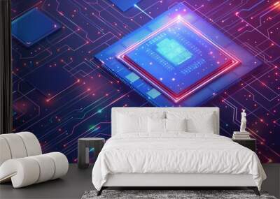 A digital chip computer processor and electronic components on a board or motherboard. Technology develops electronic devices using microchips and microprocessors. Artificial intelligence (AI). Wall mural