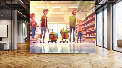 A family in supermarket with shopping carts and baskets that are arranged at a grocery shop shelf with shopping baskets and carts. A flat cartoon design of a family with a mother, father, child or an Wall mural