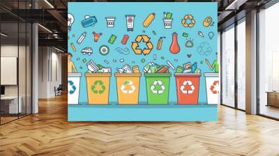 A flat modern illustration of people collecting garbage, sorting it, recycling it. Ecological, nature protection, waste separation. Wall mural