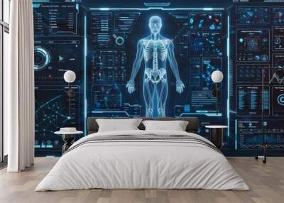 A futuristic technology interface with a digital future health graphic on a screen. Wall mural