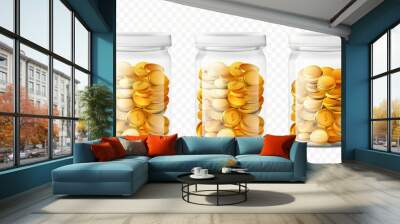 A glass money box to collect tips, save money, or donate to charity. A realistic set of 3D clear acrylic jars with gold coins and a white blank label for pension funds, charity donations and more. Wall mural