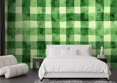 A green watercolor seamless checkered pattern with crossed horizontal and vertical stripes. Rustic tablecloth with traditional checkered texture. Wall mural