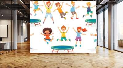 A group of energetic children jumping on trampoline. Cartoon modern set of children having fun and playing outside. Family of characters having leisure time and entertainment. Wall mural