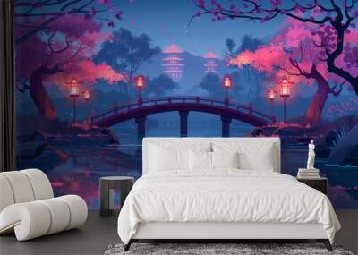 A Japanese cherry tree and lanterns on a bridge over a pond or river in an empty city park. Cartoon spring modern of blossoming cherry trees against a backdrop of an empty city park with a bridge Wall mural