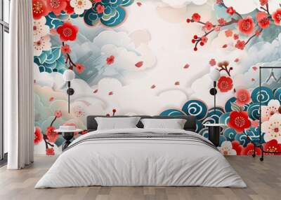 A Japanese template modern with flower and cloud illustration background and cherry blossom pattern. Traditional Asian poster style. Wall mural