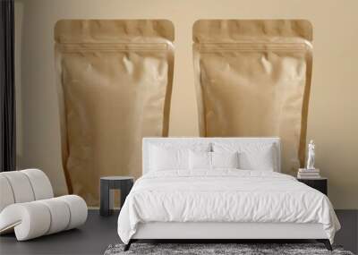 A light background with two boxes filled with brown packaging bags, representing food or coffee packaging, by stock AI. Wall mural