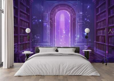 A magic mirror in a library room. A fairy-tale game background with a bookcase and pink fantasy portal design. A mystery hall with books on a wooden shelf. A classic archive building with a Wall mural