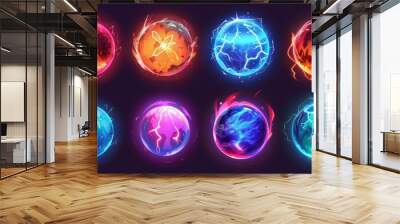 A magic orb ball game icon with fire glow effect. Crystal power sphere and lava fireball with lightning electric element. Neon crystal plasma bubble. Shiny and glowing round abstract collection. Wall mural