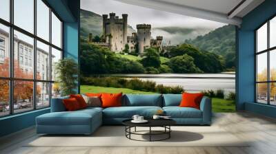 A magnificent castle is nestled in the Scottish countryside. Subtle mist rolls over the hills. Lake in front of the building. Generative AI. Wall mural