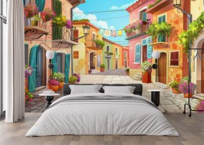 A map of an old Italian town street in the traditional style with stone-paved roads, laundry on balconies with flowers, and a sunshine day in the middle of summer. Modern cartoon illustration of an Wall mural