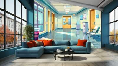 A modern cartoon illustration of a hospital corridor as well as doors to the wards, a water cooler, and an elevator in a hospital. Wall mural