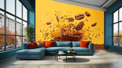 A modern illustration of shredded roasted coffee, bursts of arabica beans, and a splash of brown powder on a yellow background illustrating an explosion of coffee beans and ground arabica grains. Wall mural