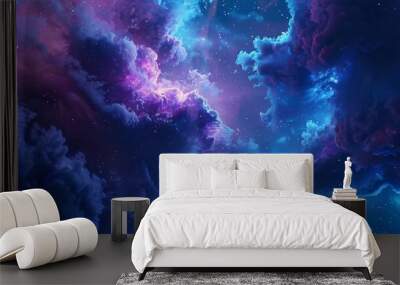 A nebula, twinkle, and stardust in a galaxy, a galaxy background with stars and colorful clouds. Deep cosmic night sky with blue and purple gas accumulations, an illustration in 3d modern format. Wall mural