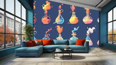 A pharmaceutical poison jar with smoke assets. Animation cartoon character of a lab potion bottle. Chemical potion flask explosion isolated UI. Alchemy fluid antidote evaporation sequence sprite. Wall mural