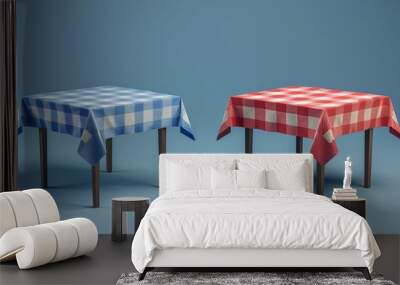 A realistic 3D modern mockup of a hotel banquet table with checkered tablecloths and blue and red linens. Wall mural