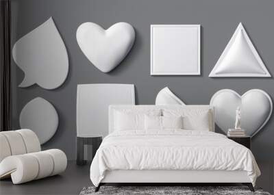 A realistic set of 3d modern icons in heart, square, oval and rectangular shapes isolated on transparent background. Wall mural