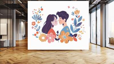 A romantic couple character logo in a floral frame. Modern illustration in flat style. Wall mural