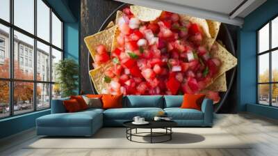 A rustic dark background with tortilla chips and fresh salsa. Concepts of Mexican cuisine and snacking. Wall mural