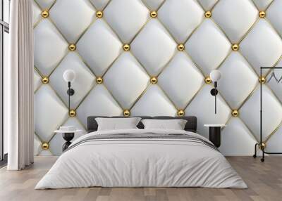 A seamless 3D wallpaper with 3D soft geometry tiles made from white leather decorated with gold stripes and rhombuses. Wall mural