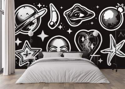 A set of black and white y2k stickers isolated on a background. A modern illustration of retro abstract art icons and words, including a planet, alien, UFO, heart, lips, a star, an eye, cherry Wall mural