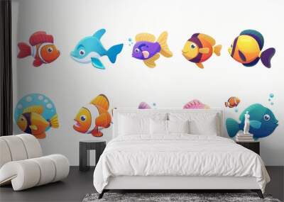 A set of cute cartoon fish icons. Landscape design with a white background and a sea ocean animal. Baby collection. Isolated. Wall mural