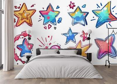 A set of doodle heart, emphasis, star, sparkle decoration elements. Simple sketch line style emphasis, glitter, pattern elements. Modern illustration. Wall mural