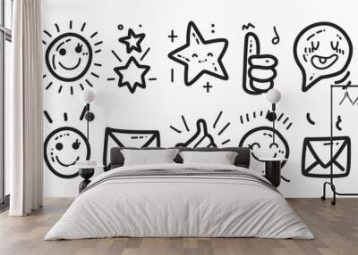 A set of modern icons for ratings and reviews, isolated moderns with geometric shapes. Star, envelope, smiling emojis, like thumbs up and speech bubbles, as well as positive or negative feedback from Wall mural