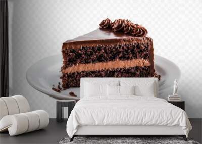 A slice of chocolate cake frosted with rich fudge on a white plate Wall mural