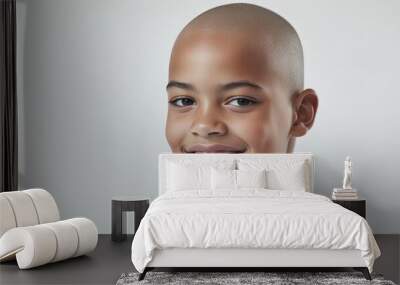 A smiling African American girl with short hair is pictured on a white background banner. Wall mural