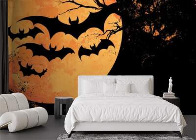 A spooky halloween background with a silhouette dead tree and a full moon at night Wall mural