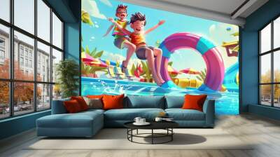 A summer waterpark with a slide and pool for the kids. Children amusement and attractions. A playground with an inflatable ring for jumping and fun. Wall mural