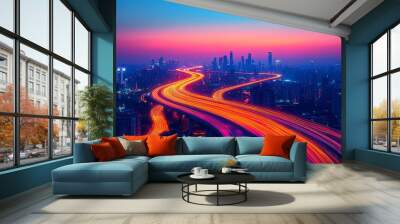 A sunset view of an urban skyline with glowing network lines Wall mural