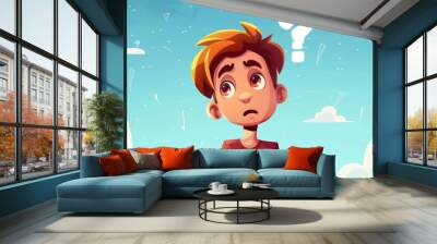 A thoughtful young boy asks a question, a confused kid understands or finds the answer cartoon modern portrait illustration Wall mural