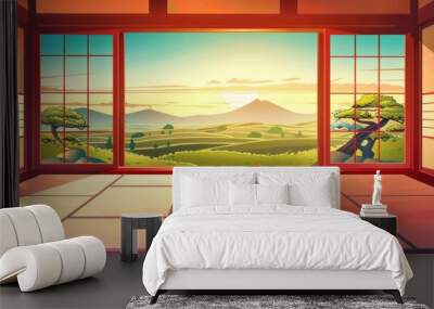 A traditional Japanese dojo with mats, bonsai, and a green terraced field and sunset sky on the left. Modern cartoon interior of an empty dojo with mats, bonsai, and landscape on the right. Wall mural