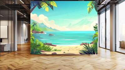 A tropical landscape of jungle on a sea beach with jungle trees and grass silhouetted in the water. Modern cartoon illustration of an exotic island with a shoreline on the ocean. Wall mural