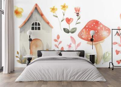 A watercolor illustration of a fairy house and flowers Wall mural