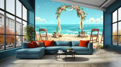 A wedding arch with flowers on a sandy beach with scatter petals. A floral archway for a wedding decoration on the beach. Cartoon modern illustration of a field of flowers for a marriage ceremony. Wall mural