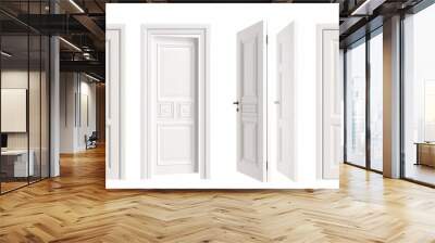 A white wooden door with handle and frame for the entrance or inside an apartment, house, or office. An open, closed, and ajar position is shown in the modern realistic set isolated on white. Wall mural