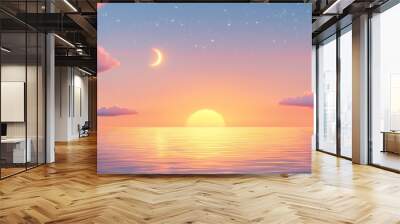 Above serene sea is a vibrant surreal background with a crescent moon rising Wall mural