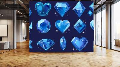 Abstract diamond crystals in star, heart, and crown shapes. Modern cartoon set of blue shiny gems or stones of glass, ice or rhinestones isolated on white. Wall mural