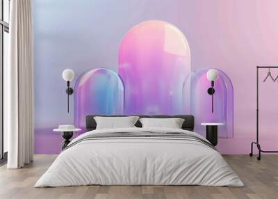 Abstract geometric podium with iridescent glossy surface with 3D holographic arch shape objects isolated against purple and white gradient background. Modern realistic illustration of abstract Wall mural