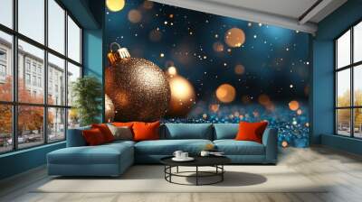 Against the dark blue background with golden dust, three golden baubles hang from a banner celebrating the New Year. Wall mural