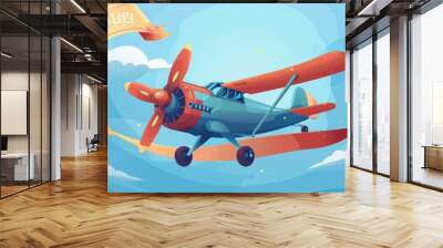 Airplane with propeller flying with billboard on blue background. Cartoon sky plane banner with ribbon for message in the air. Vintage biplane fly modern. Advertising with old airplane flight design. Wall mural